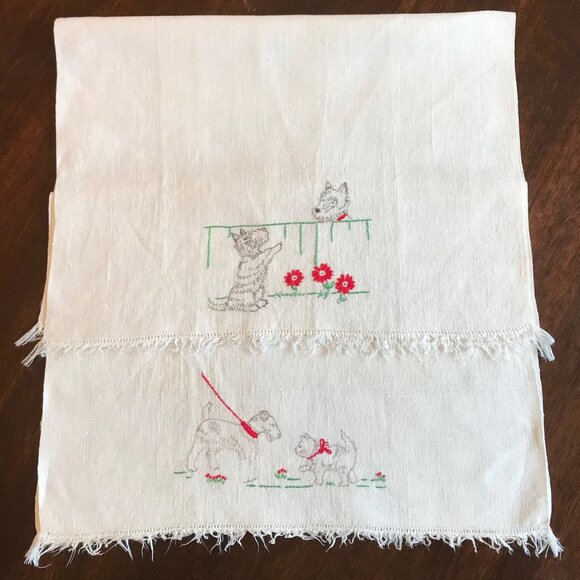 Other - Vintage Tea Towels, Set of Two, Embroidered with Dogs & Cats, 20 x 14 inches